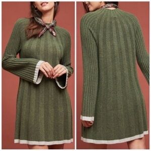 Anthropologie Arsenau Moss Green Ribbed Knit wool blend Dress M